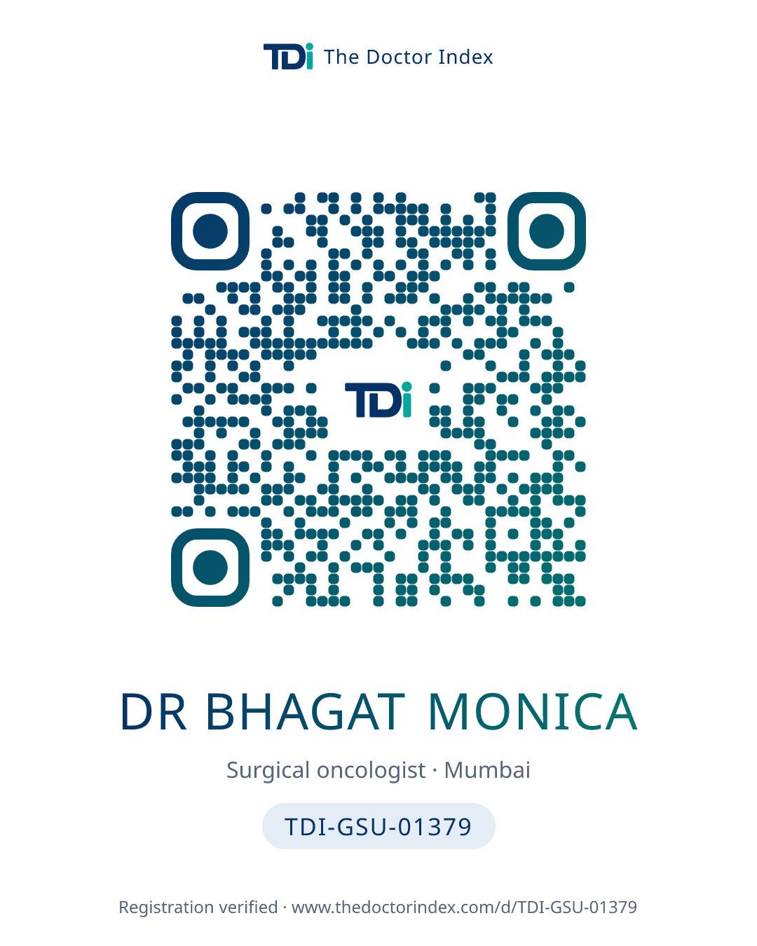 QR card for Dr Bhagat Monica, TDI-GSU-01379