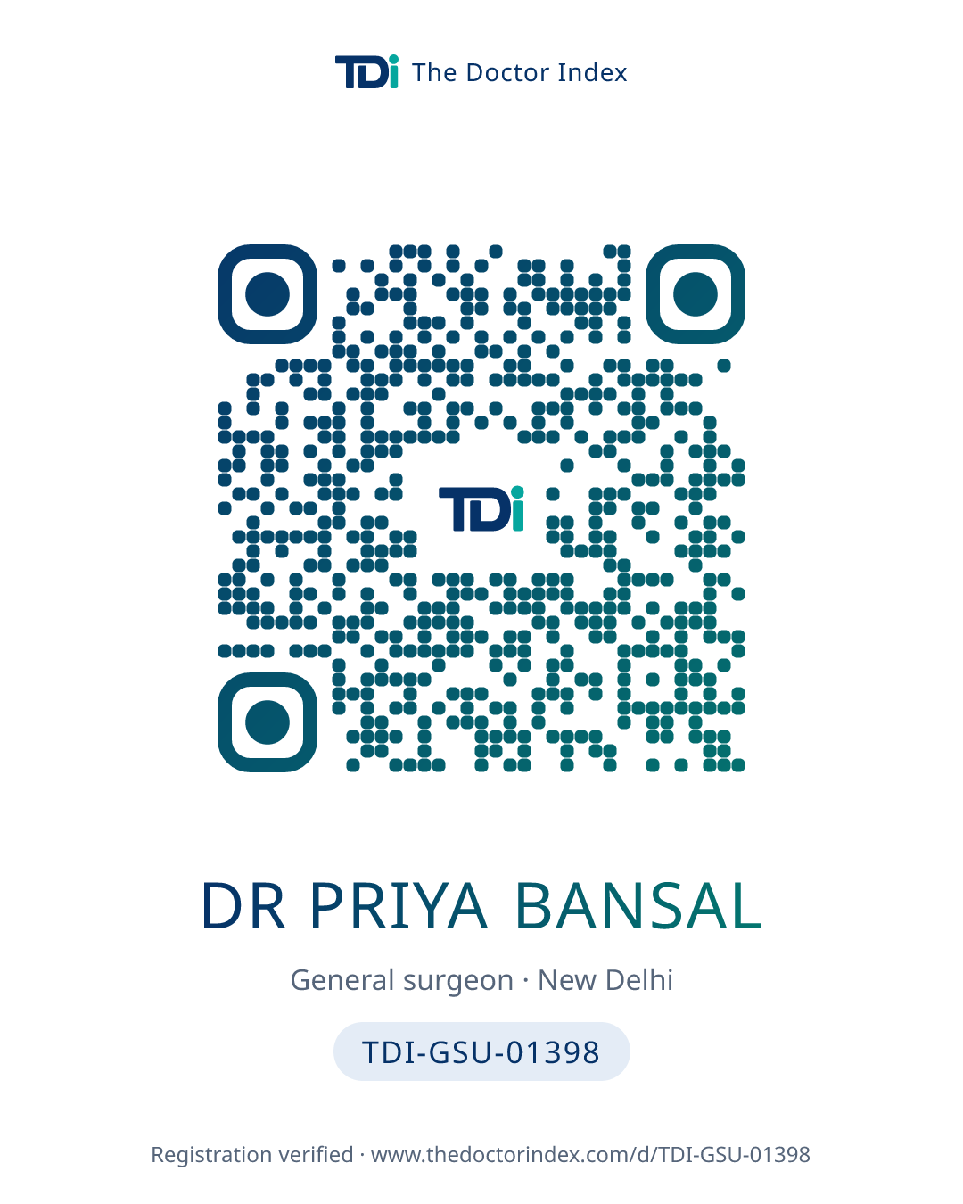 QR card for Dr Priya Bansal, TDI-GSU-01398