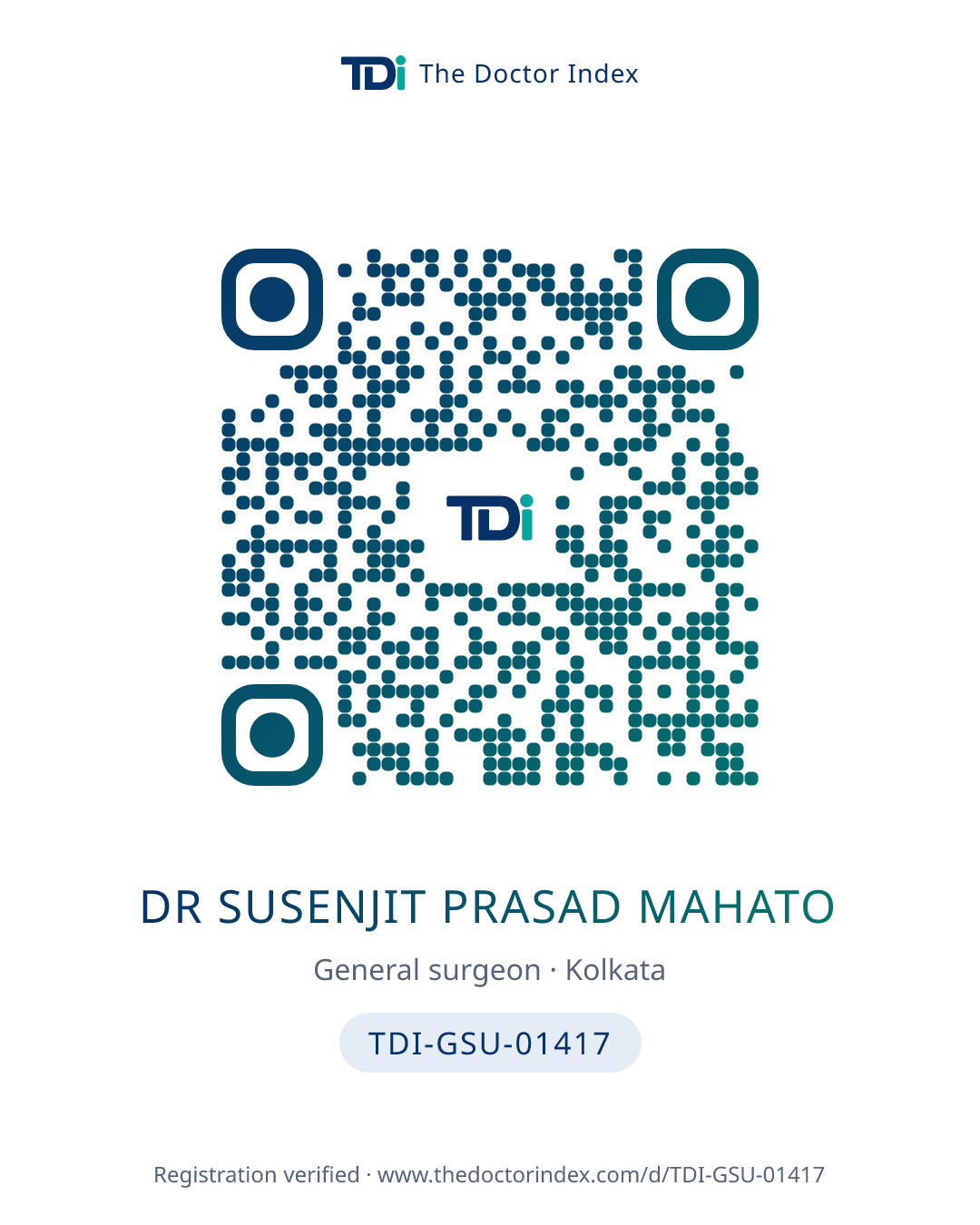QR card for Dr Susenjit Prasad Mahato, TDI-GSU-01417