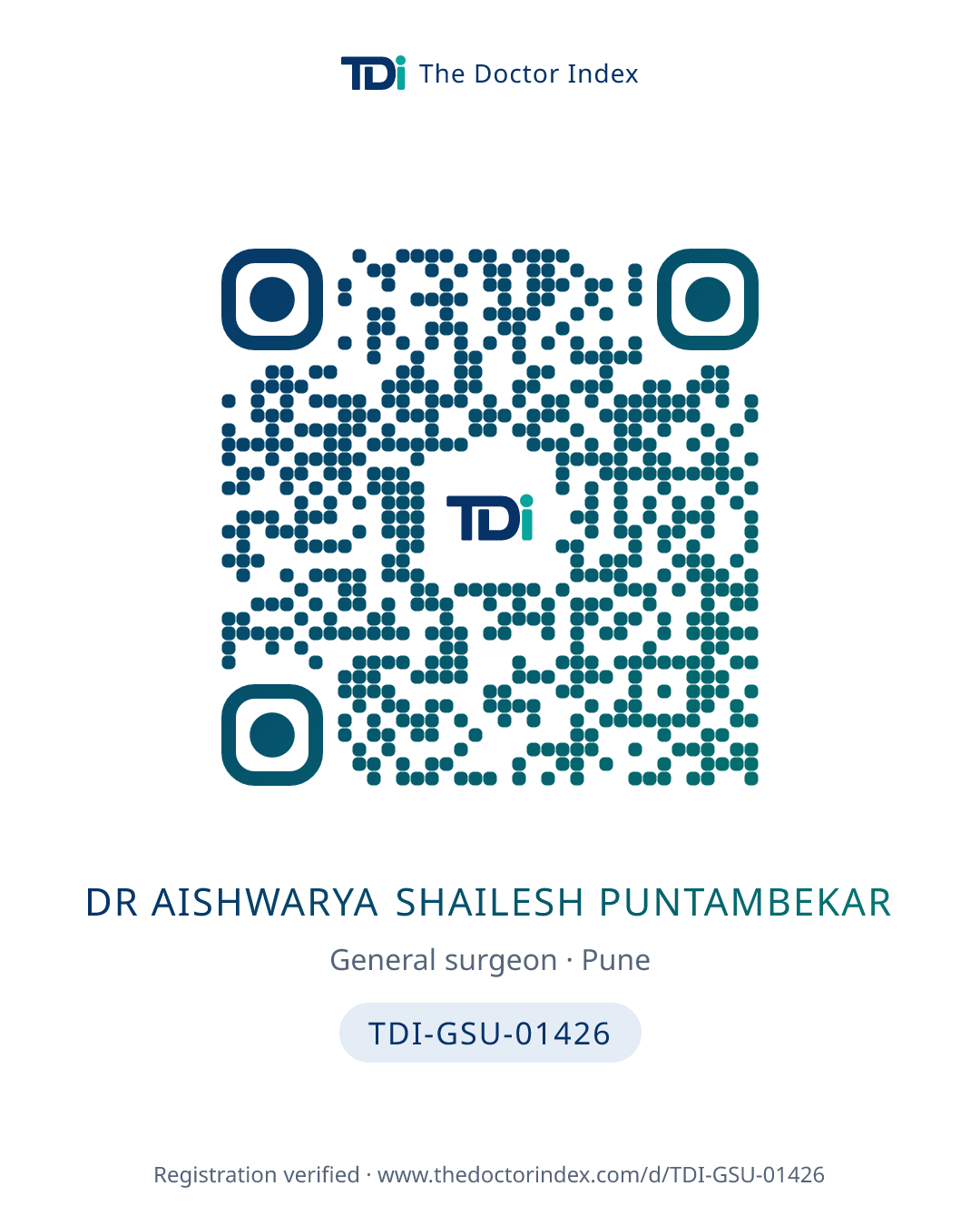 QR card for Dr Aishwarya Shailesh Puntambekar, TDI-GSU-01426