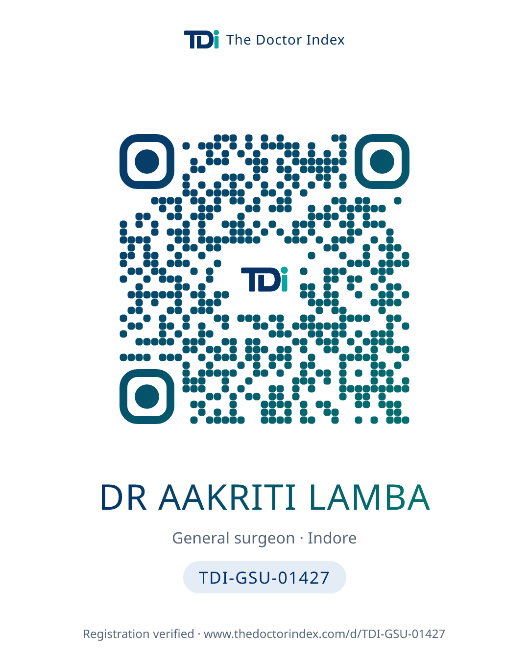 QR card for Dr Aakriti Lamba, TDI-GSU-01427