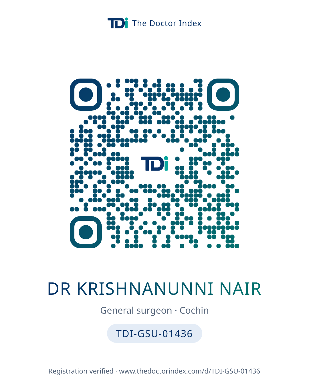 QR card for Dr Krishnanunni Nair, TDI-GSU-01436