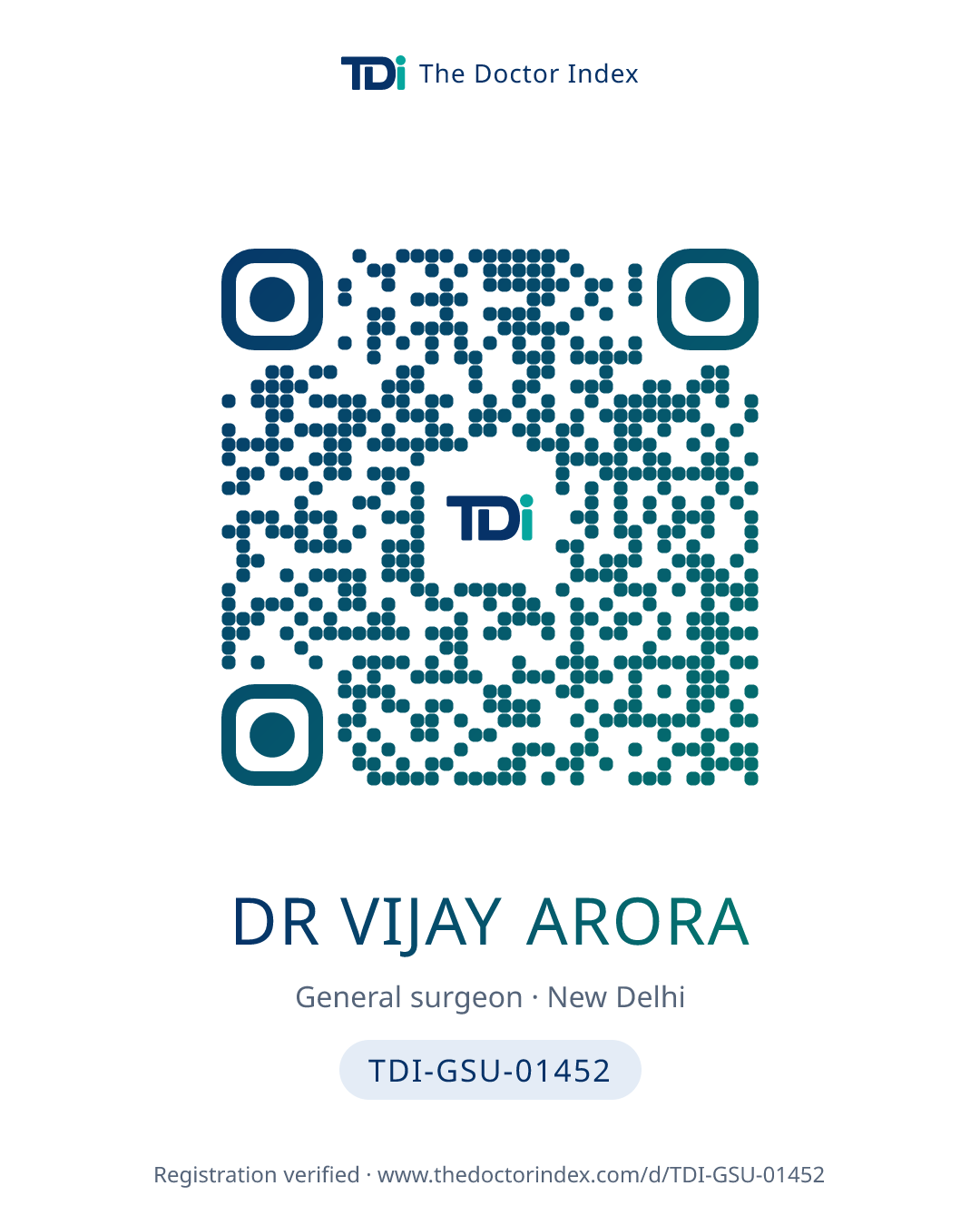 QR card for Dr Vijay Arora, TDI-GSU-01452
