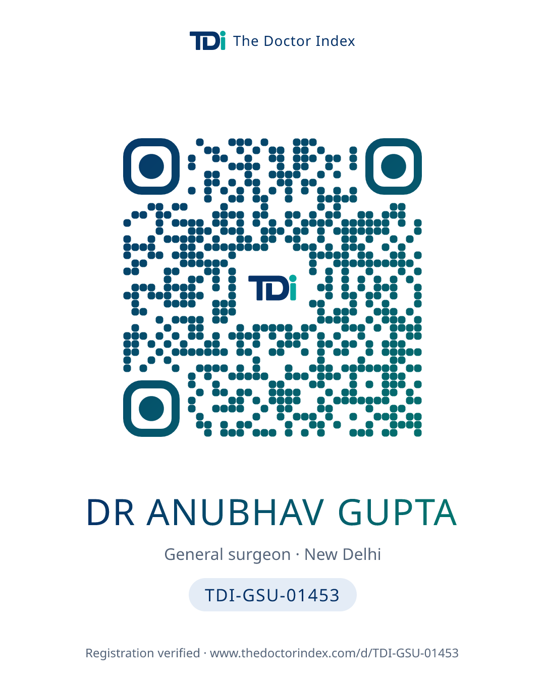 QR card for Dr Anubhav Gupta, TDI-GSU-01453