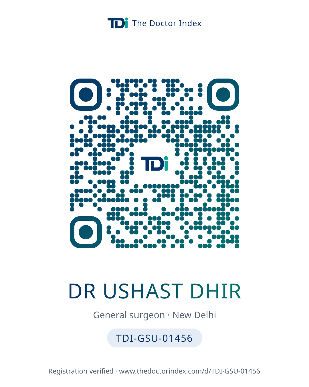 QR card for Dr Ushast Dhir, TDI-GSU-01456