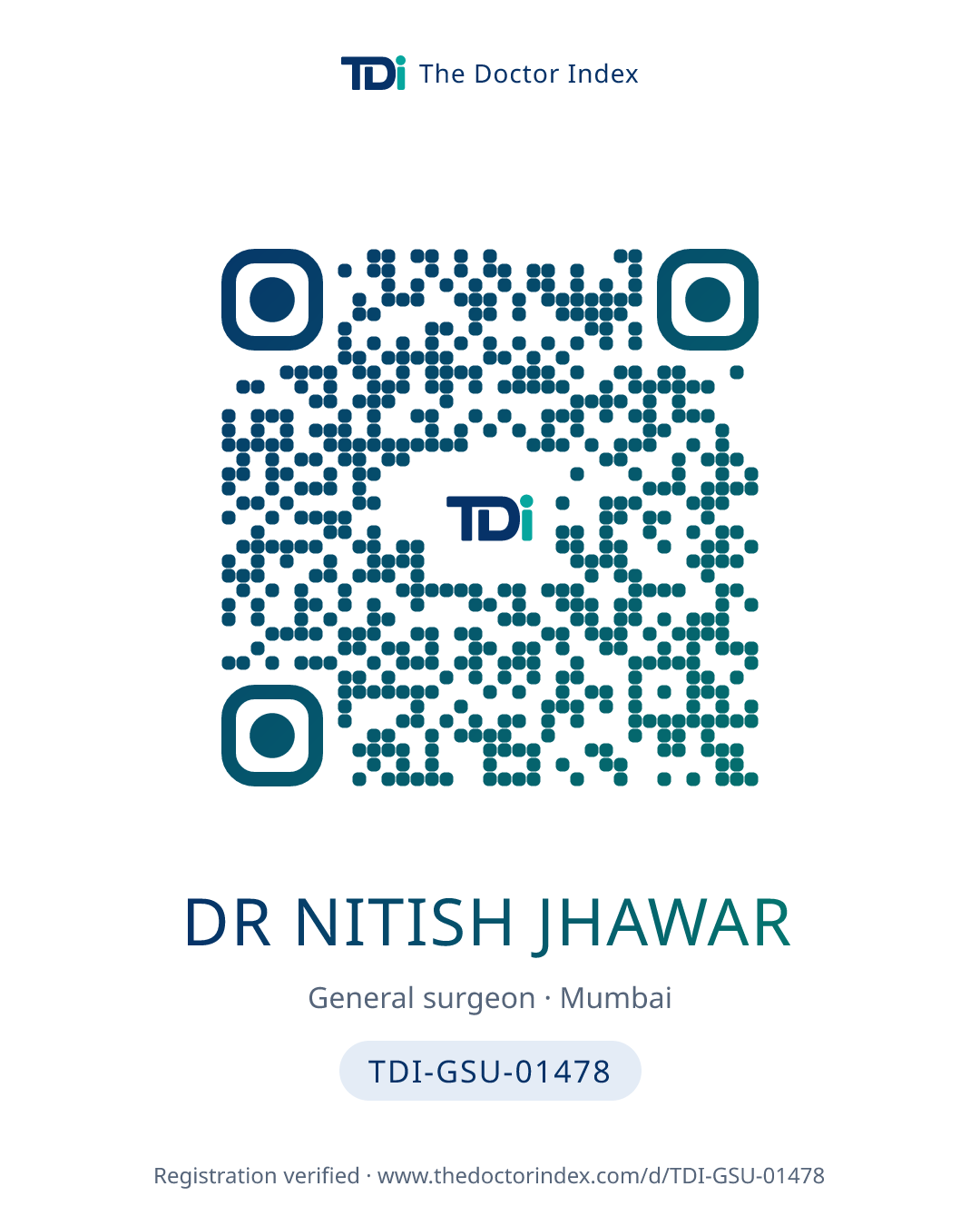 QR card for Dr Nitish Jhawar, TDI-GSU-01478
