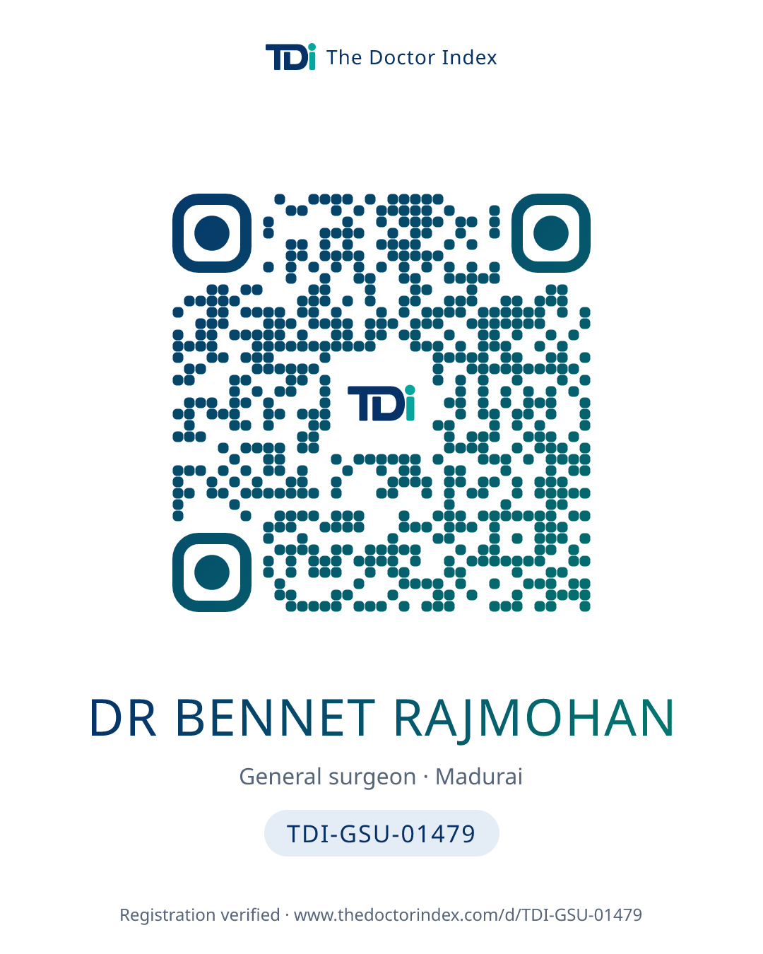QR card for Dr Bennet Rajmohan, TDI-GSU-01479