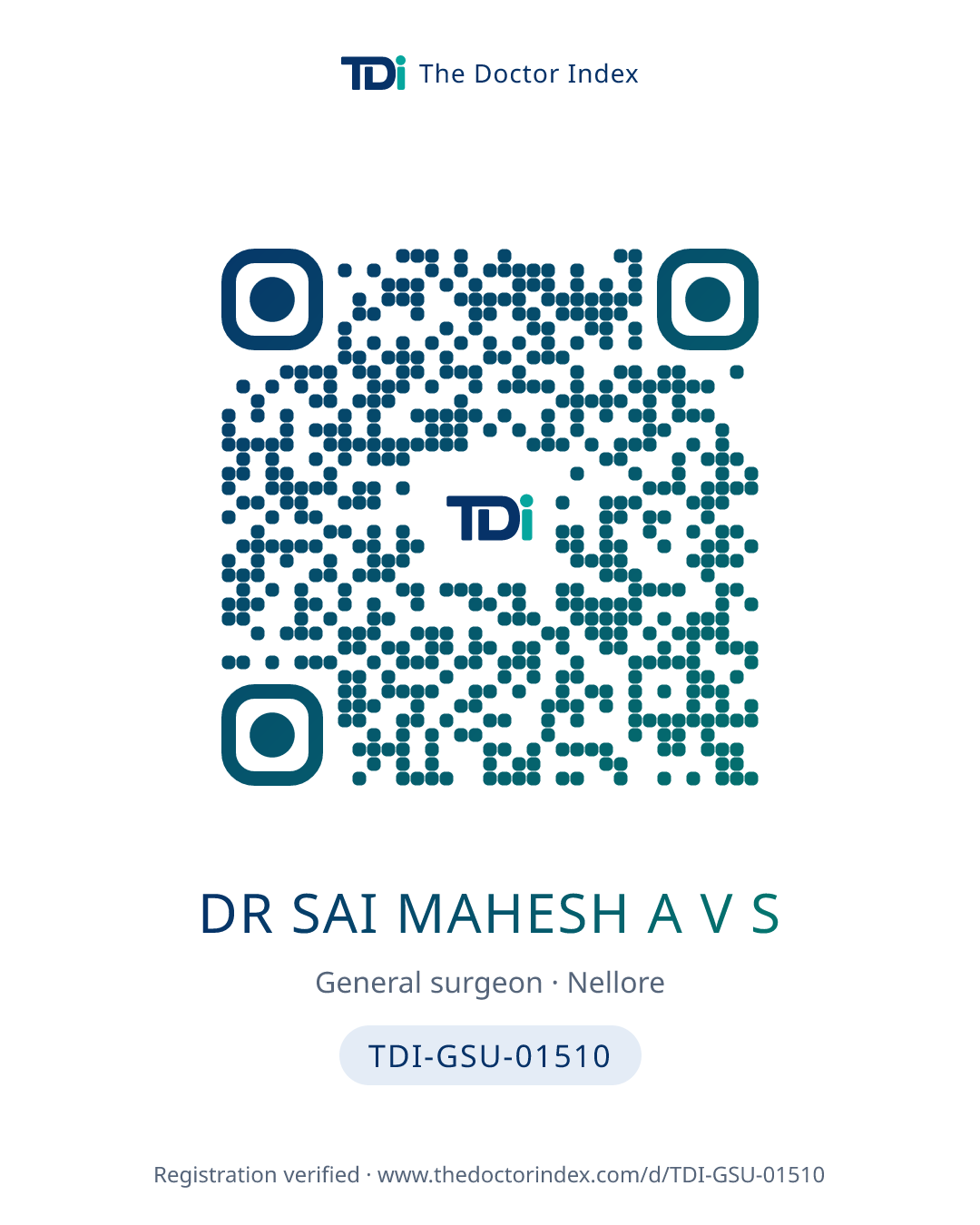 QR card for Dr Sai Mahesh A V S, TDI-GSU-01510