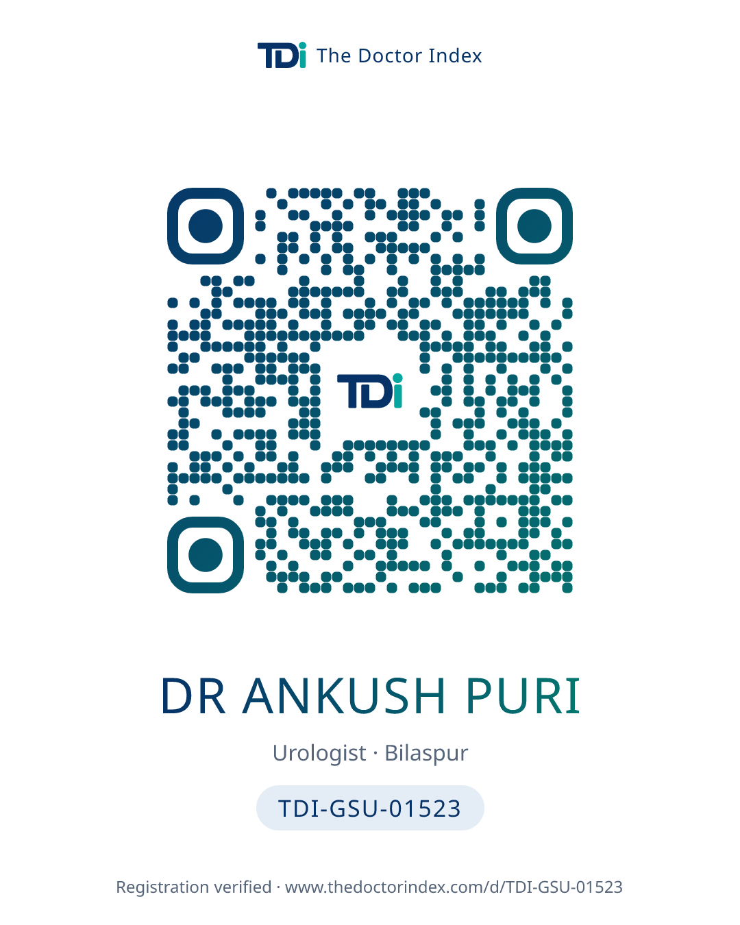 QR card for Dr Ankush Puri, TDI-GSU-01523