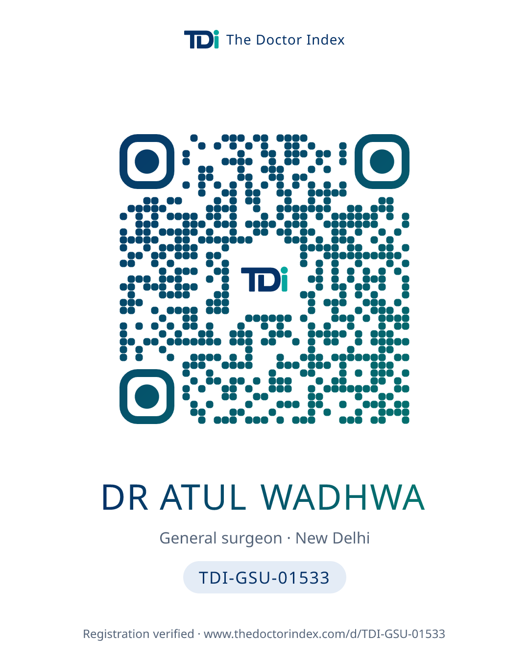 QR card for Dr Atul Wadhwa, TDI-GSU-01533