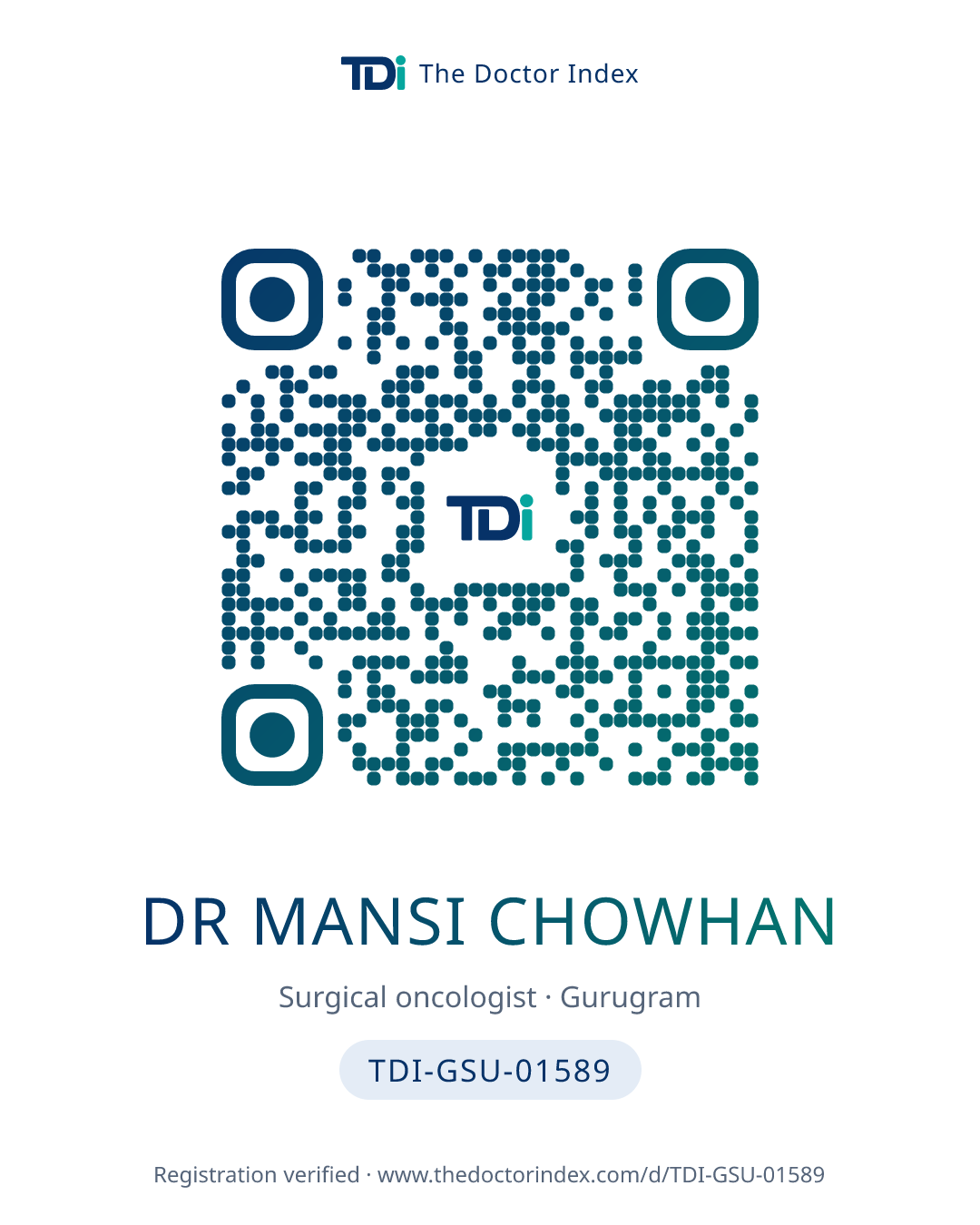 QR card for Dr Mansi Chowhan, TDI-GSU-01589