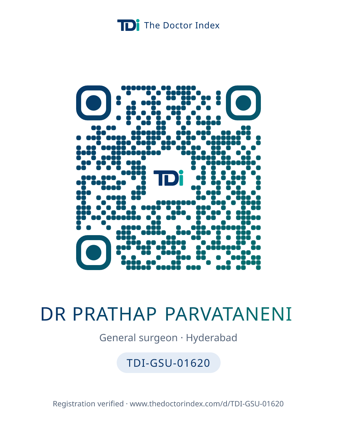 QR card for Dr Prathap Parvataneni, TDI-GSU-01620