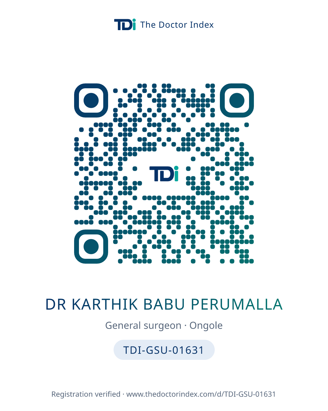 QR card for Dr Karthik Babu Perumalla, TDI-GSU-01631