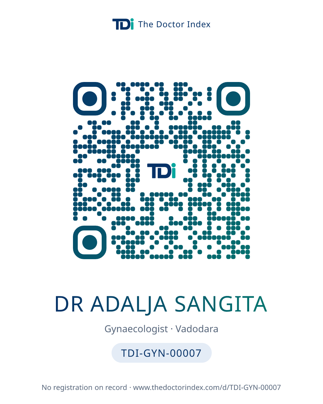 QR card for Dr Adalja Sangita, TDI-GYN-00007