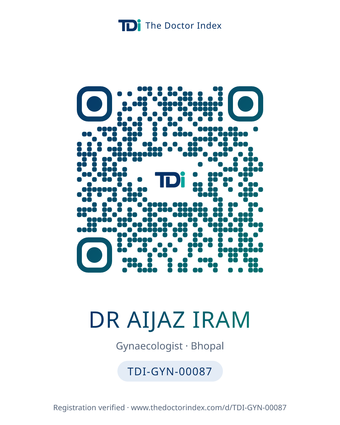QR card for Dr Aijaz Iram, TDI-GYN-00087