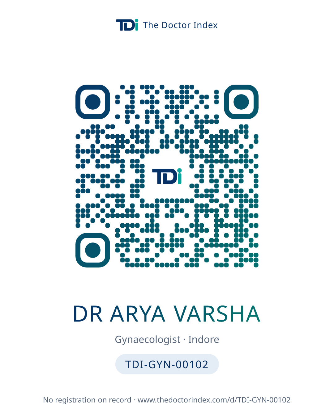QR card for Dr Arya Varsha, TDI-GYN-00102