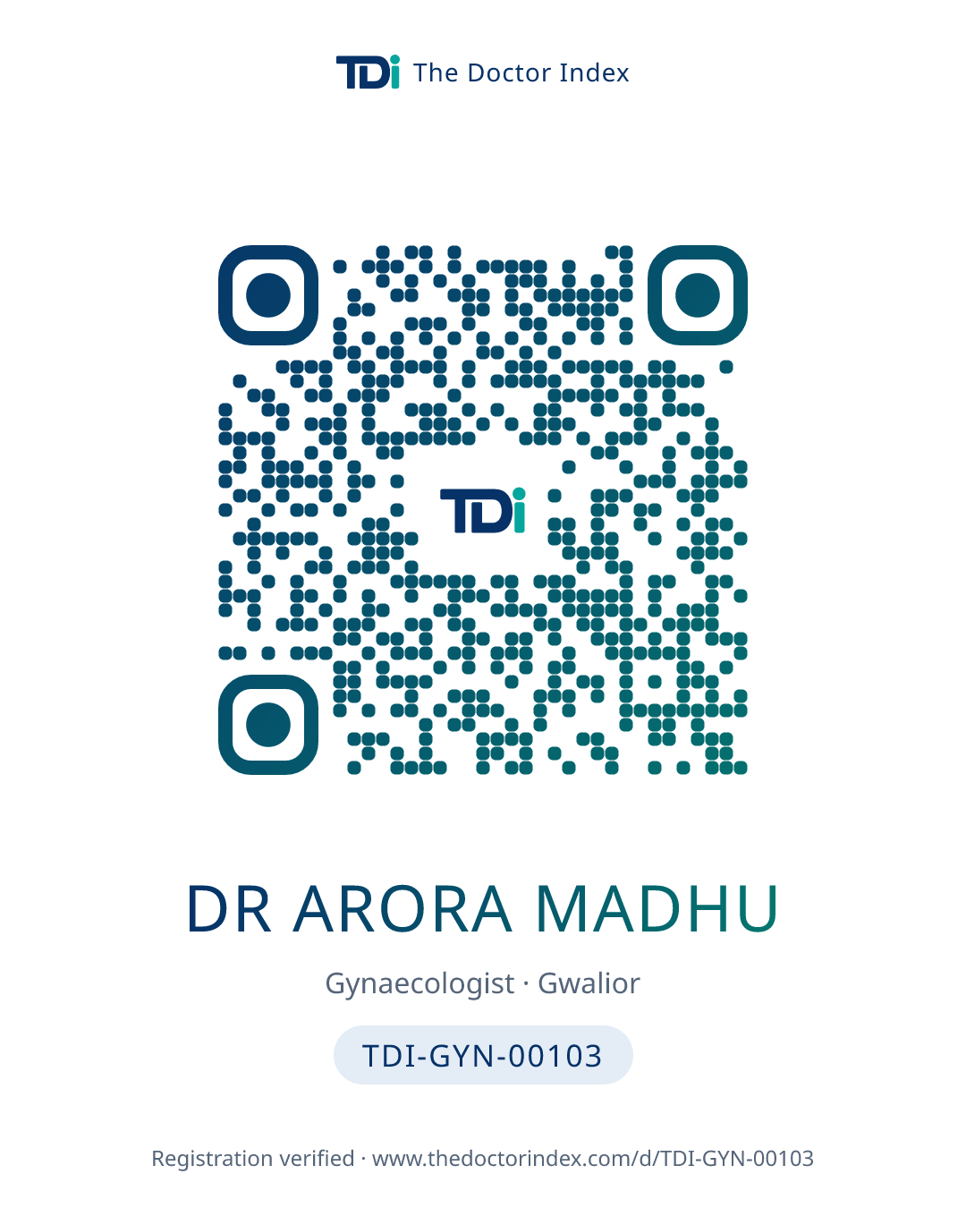 QR card for Dr Arora Madhu, TDI-GYN-00103