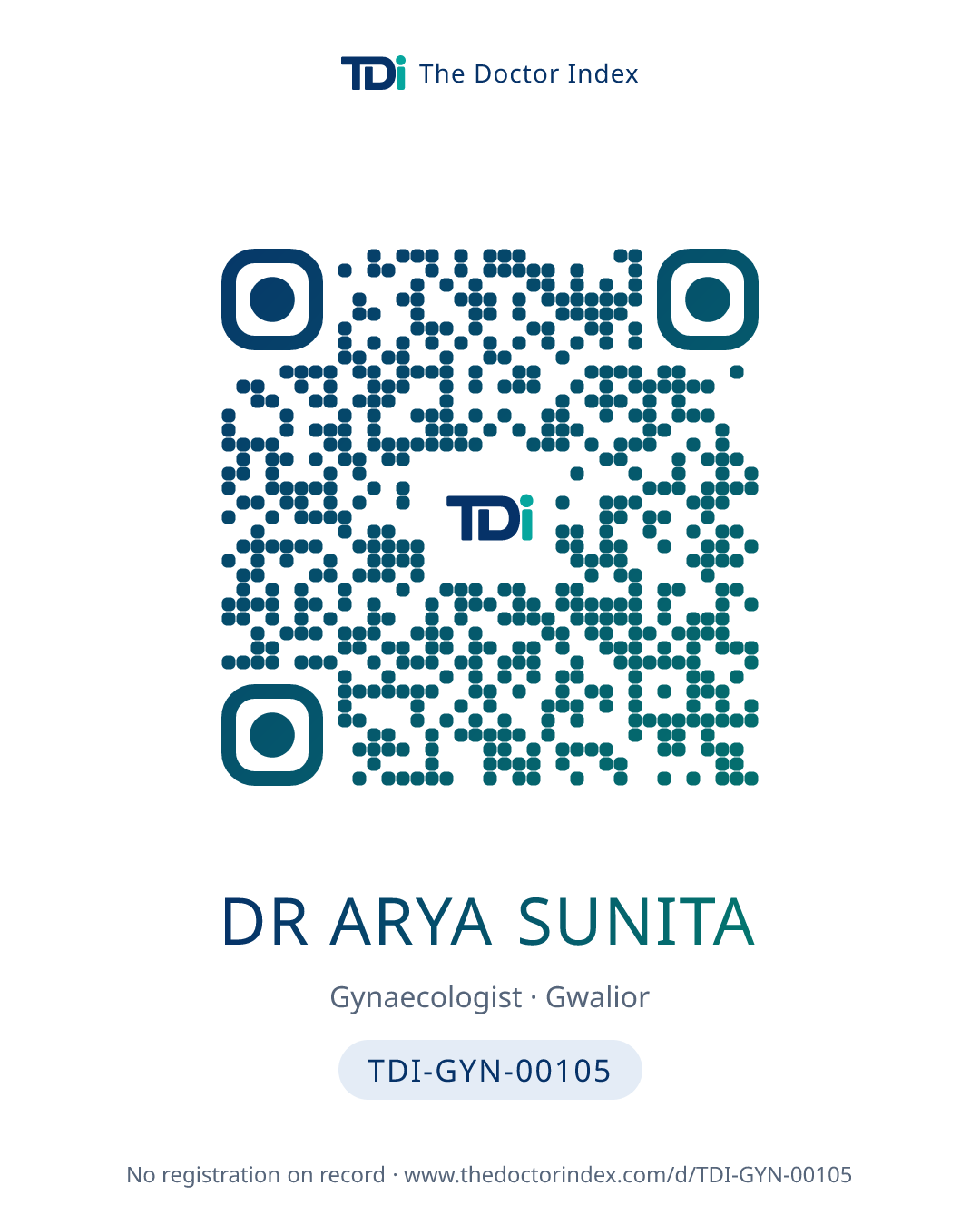 QR card for Dr Arya Sunita, TDI-GYN-00105