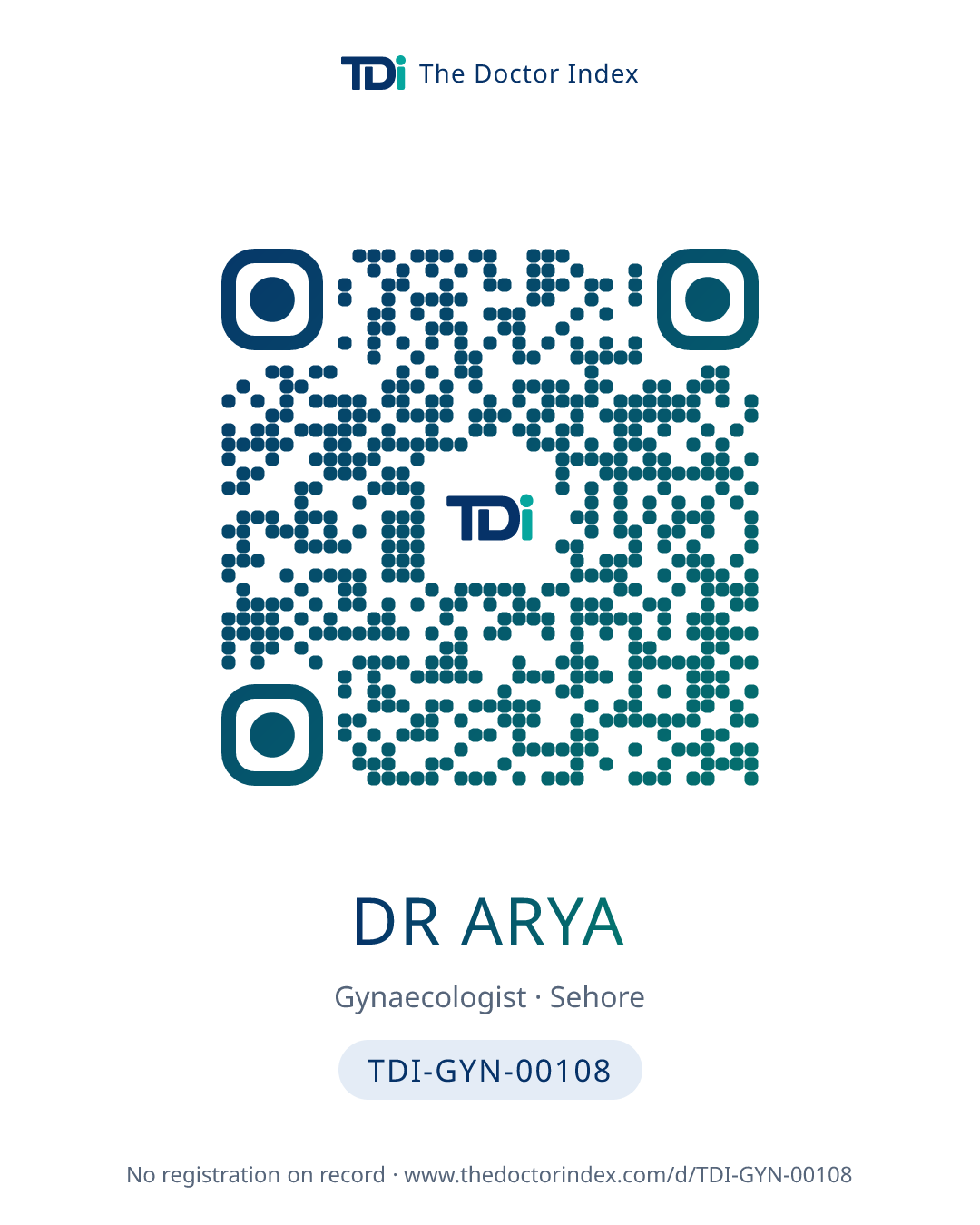 QR card for Dr Arya, TDI-GYN-00108