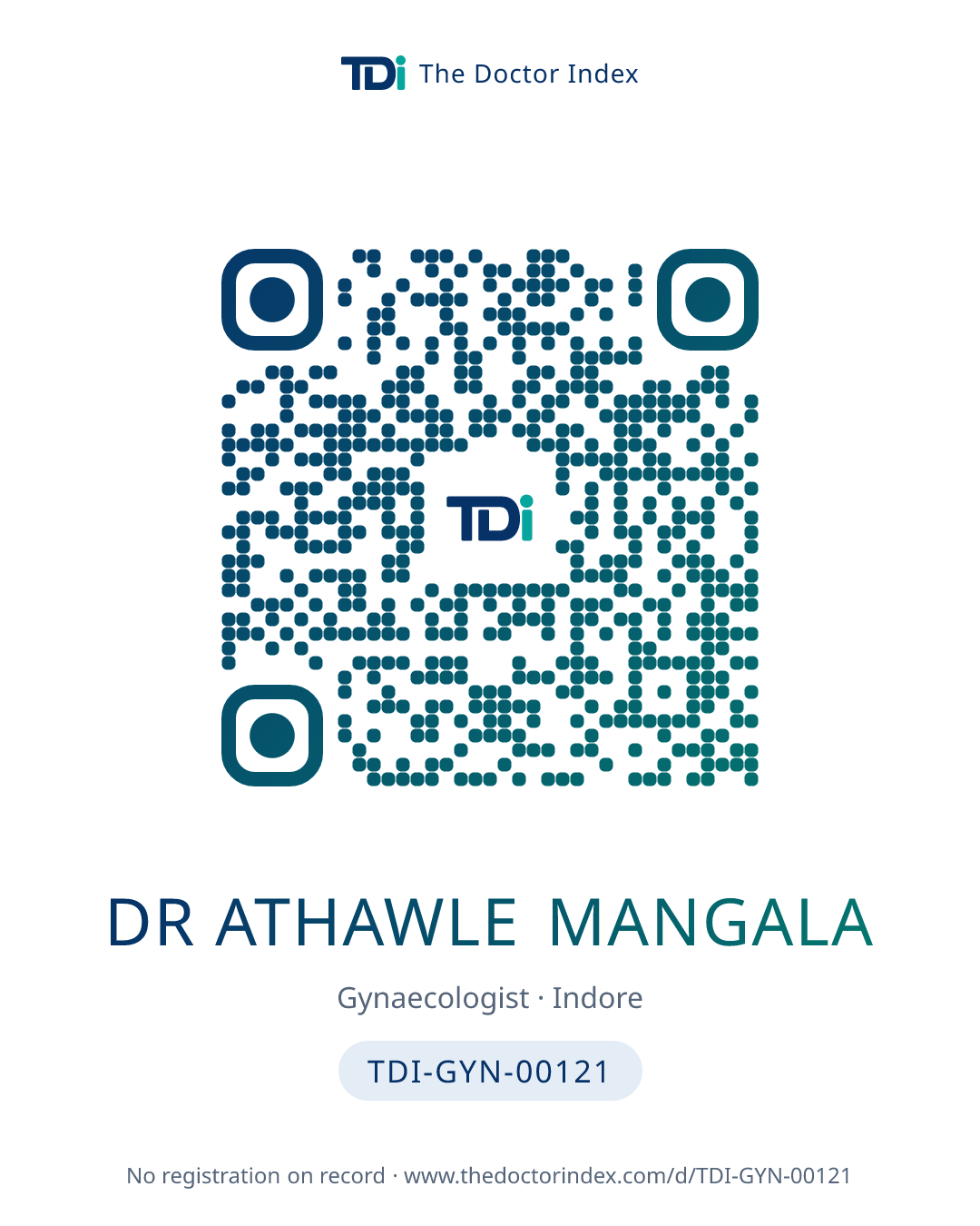 QR card for Dr Athawle Mangala, TDI-GYN-00121