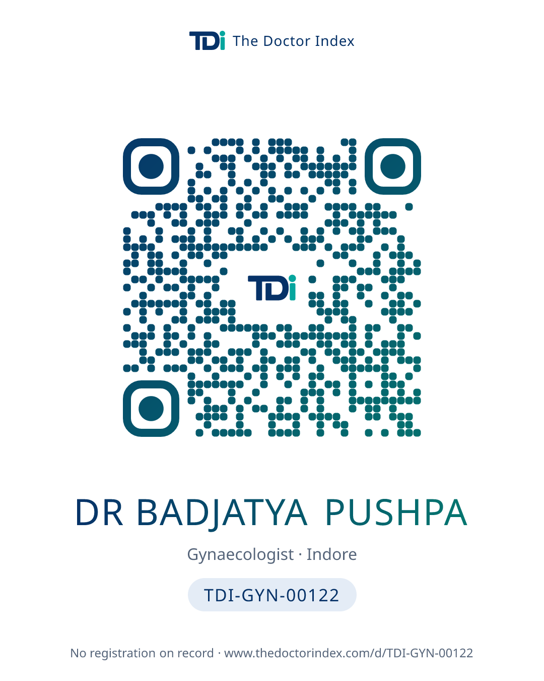 QR card for Dr Badjatya Pushpa, TDI-GYN-00122