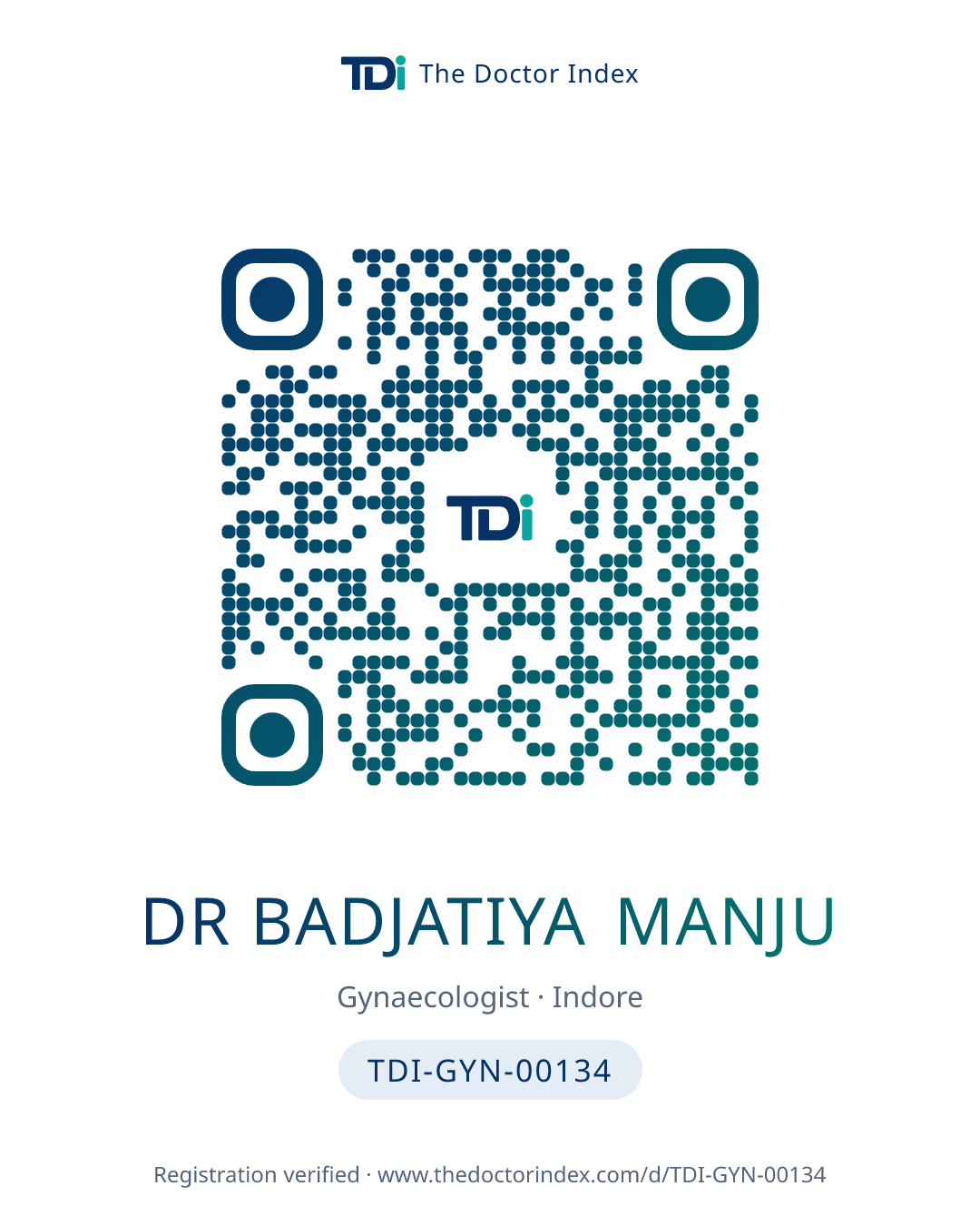 QR card for Dr Badjatiya Manju, TDI-GYN-00134