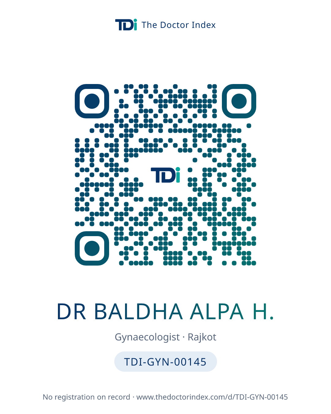 QR card for Dr Baldha Alpa H., TDI-GYN-00145