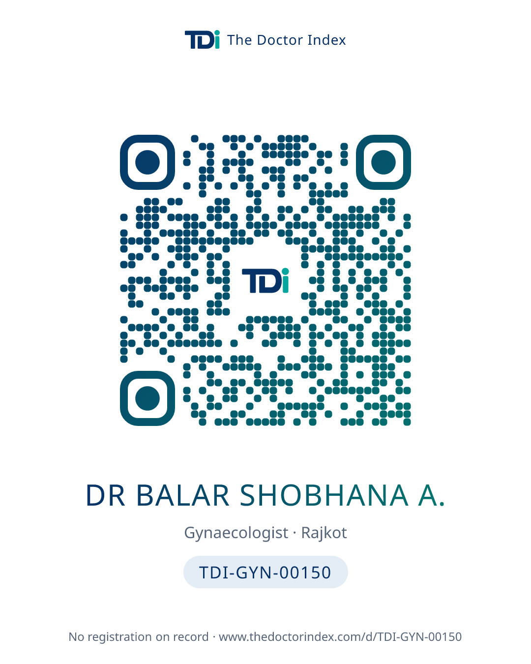 QR card for Dr Balar Shobhana A., TDI-GYN-00150