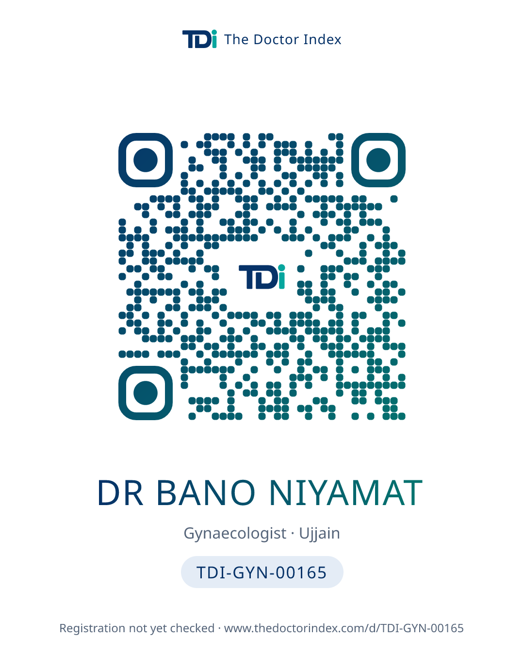 QR card for Dr Bano Niyamat, TDI-GYN-00165
