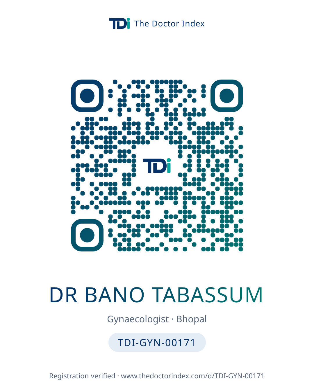 QR card for Dr Bano Tabassum, TDI-GYN-00171