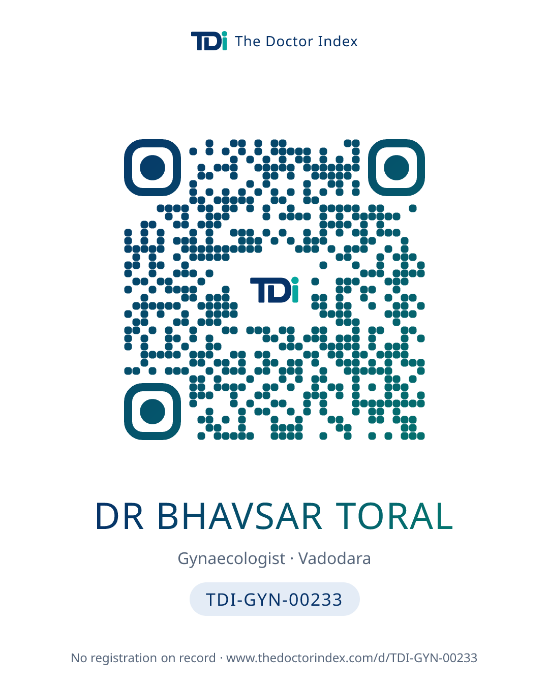 QR card for Dr Bhavsar Toral, TDI-GYN-00233
