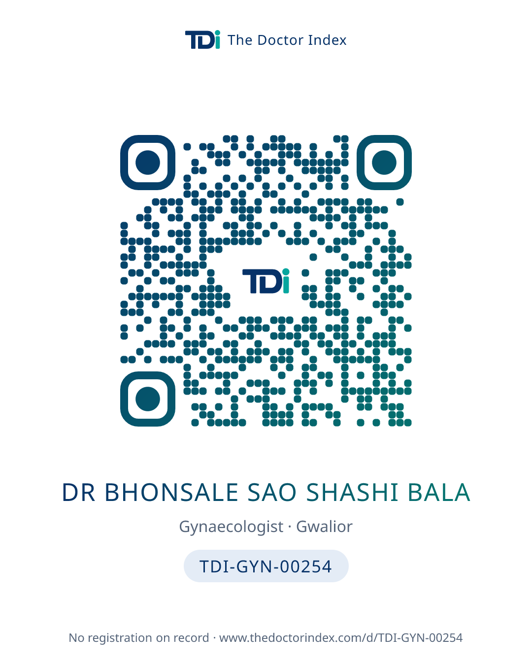 QR card for Dr Bhonsale Sao Shashi Bala, TDI-GYN-00254