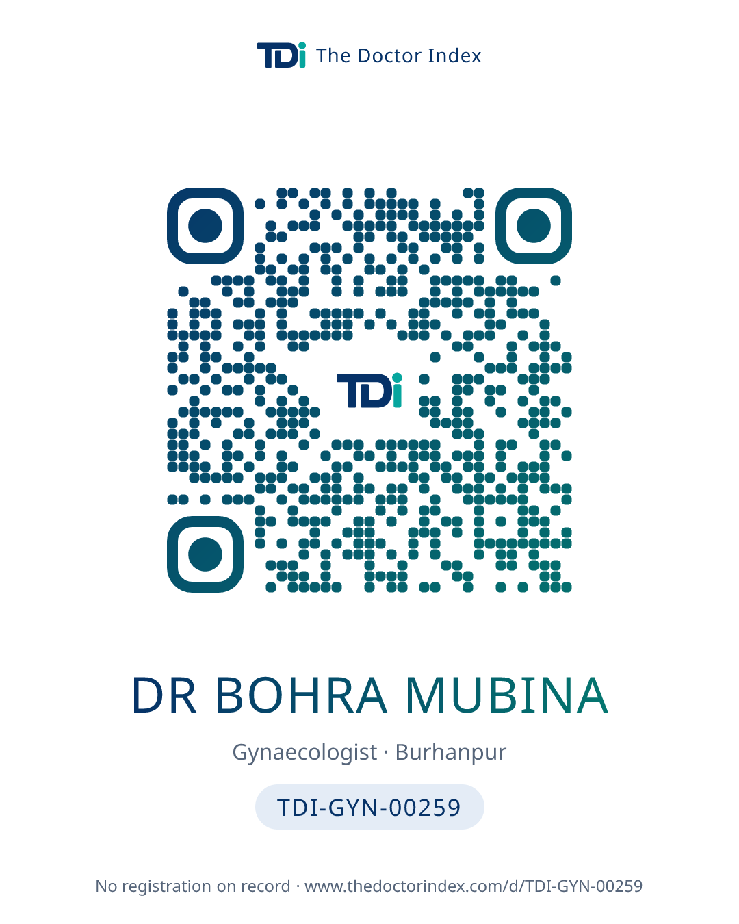 QR card for Dr Bohra Mubina, TDI-GYN-00259