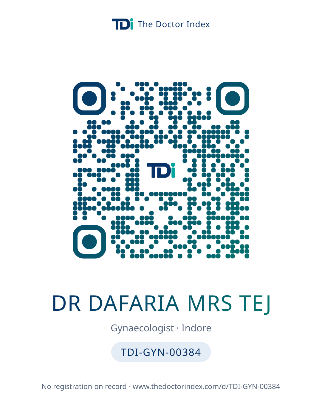 QR card for Dr Dafaria Mrs Tej, TDI-GYN-00384
