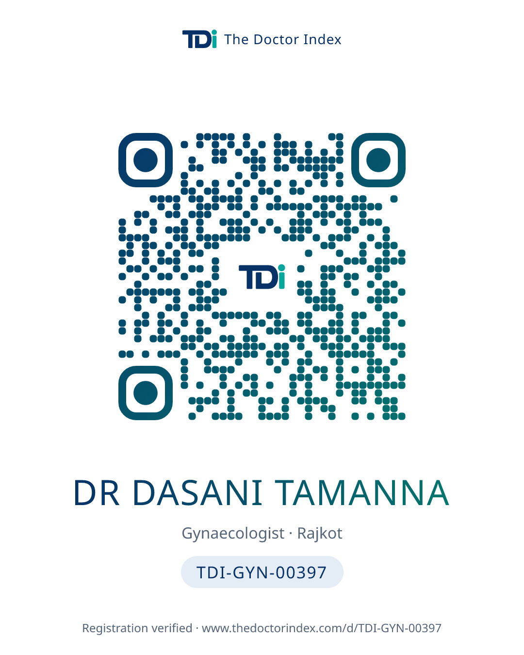 QR card for Dr Dasani Tamanna, TDI-GYN-00397