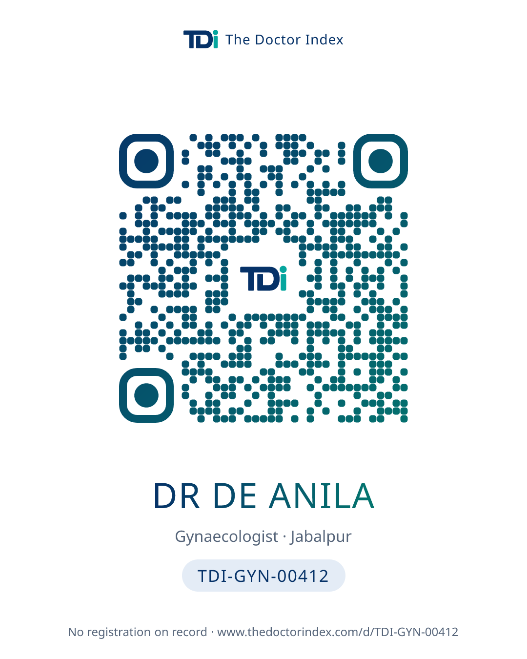 QR card for Dr De Anila, TDI-GYN-00412