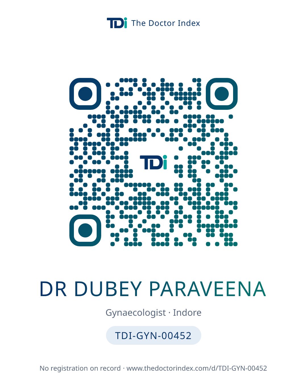 QR card for Dr Dubey Paraveena, TDI-GYN-00452