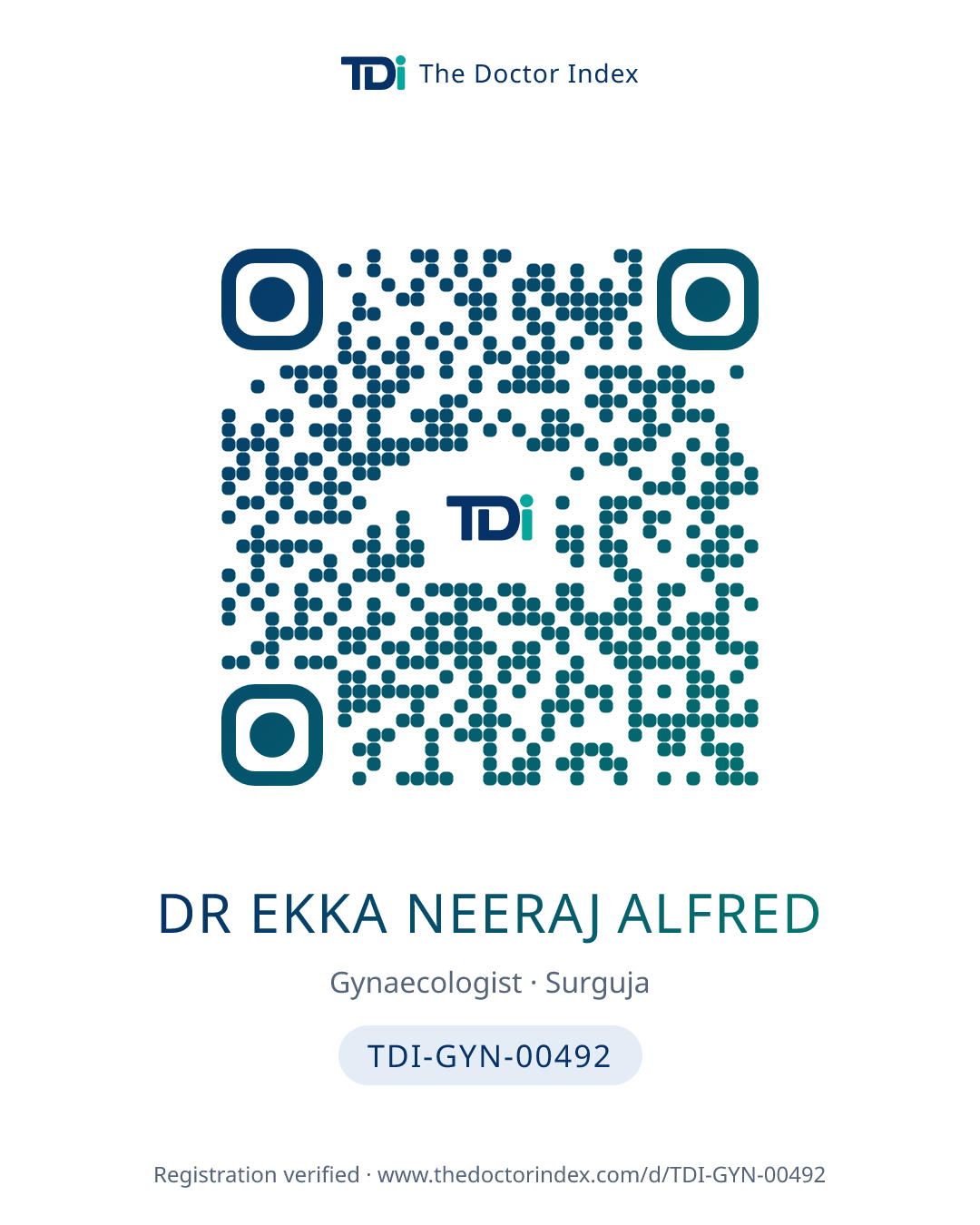 QR card for Dr Ekka Neeraj Alfred, TDI-GYN-00492
