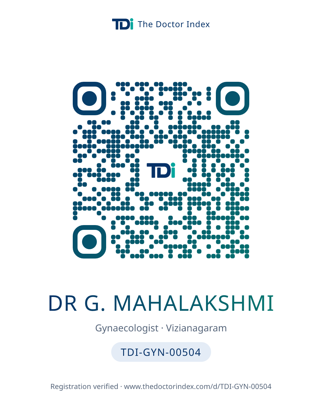 QR card for Dr G. Mahalakshmi, TDI-GYN-00504