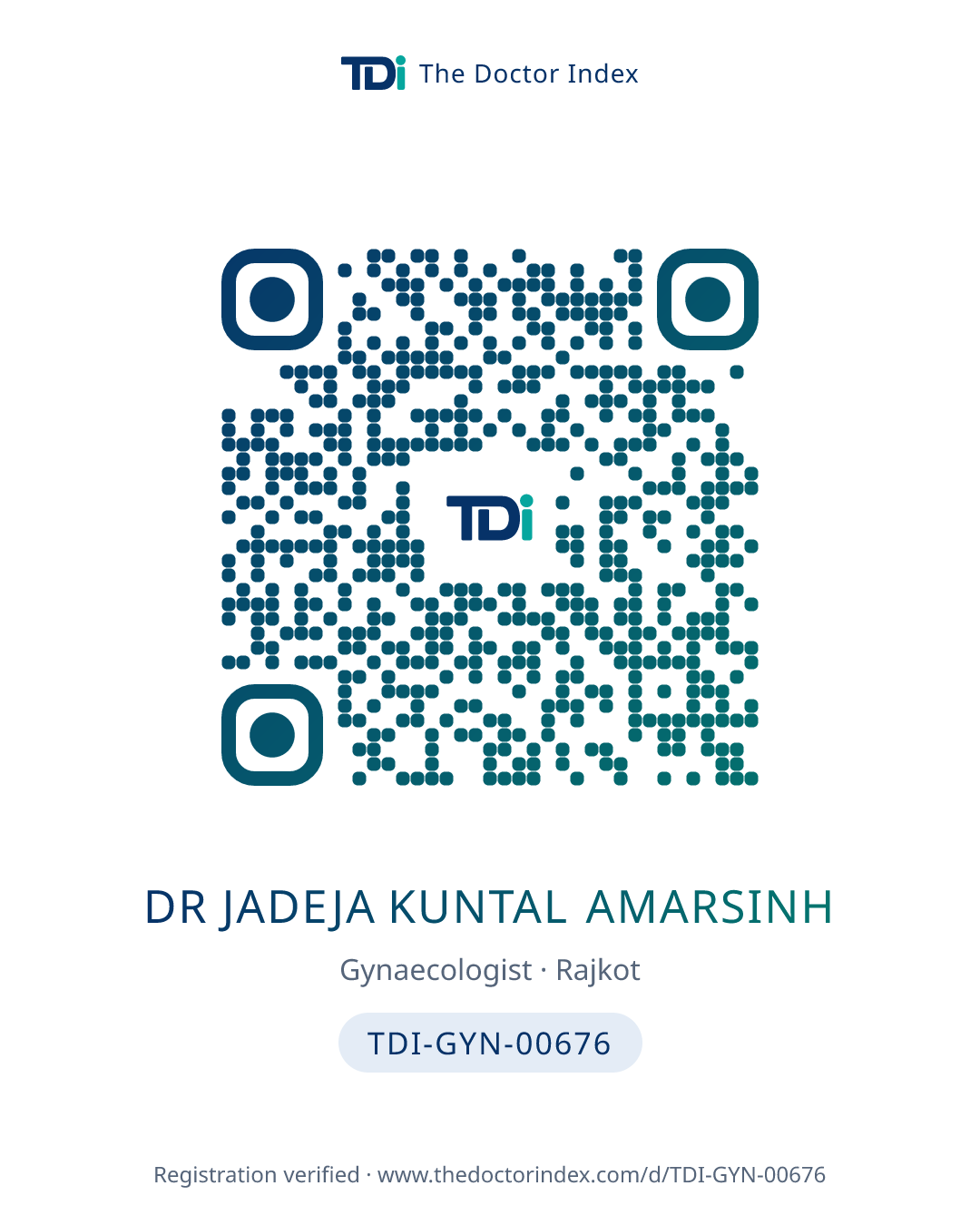 QR card for Dr Jadeja Kuntal Amarsinh, TDI-GYN-00676