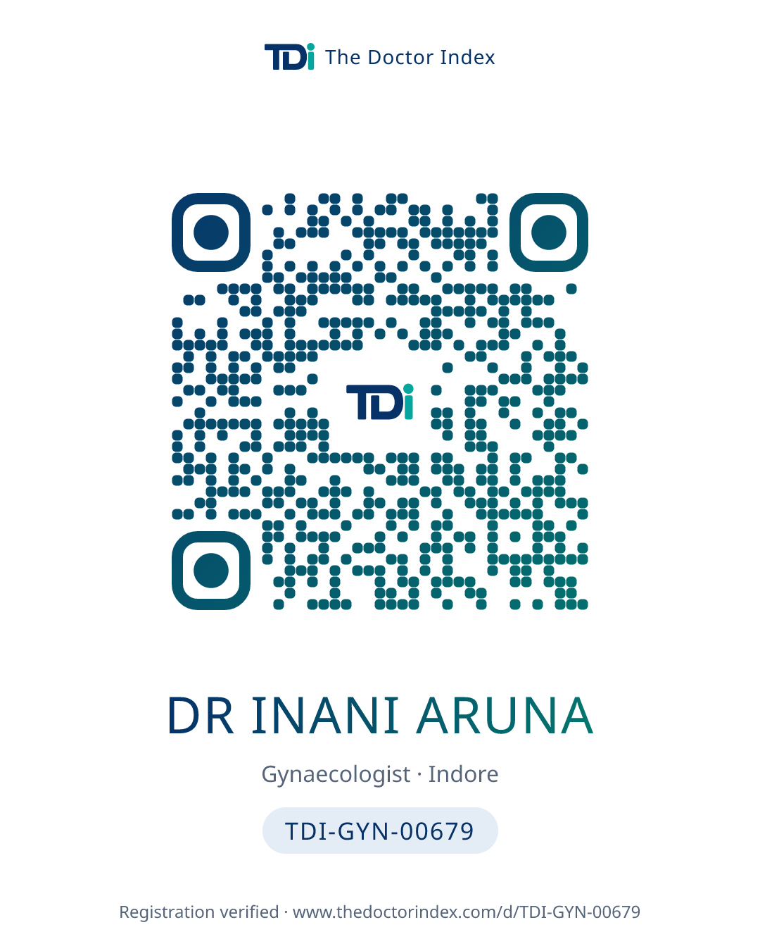 QR card for Dr Inani Aruna, TDI-GYN-00679