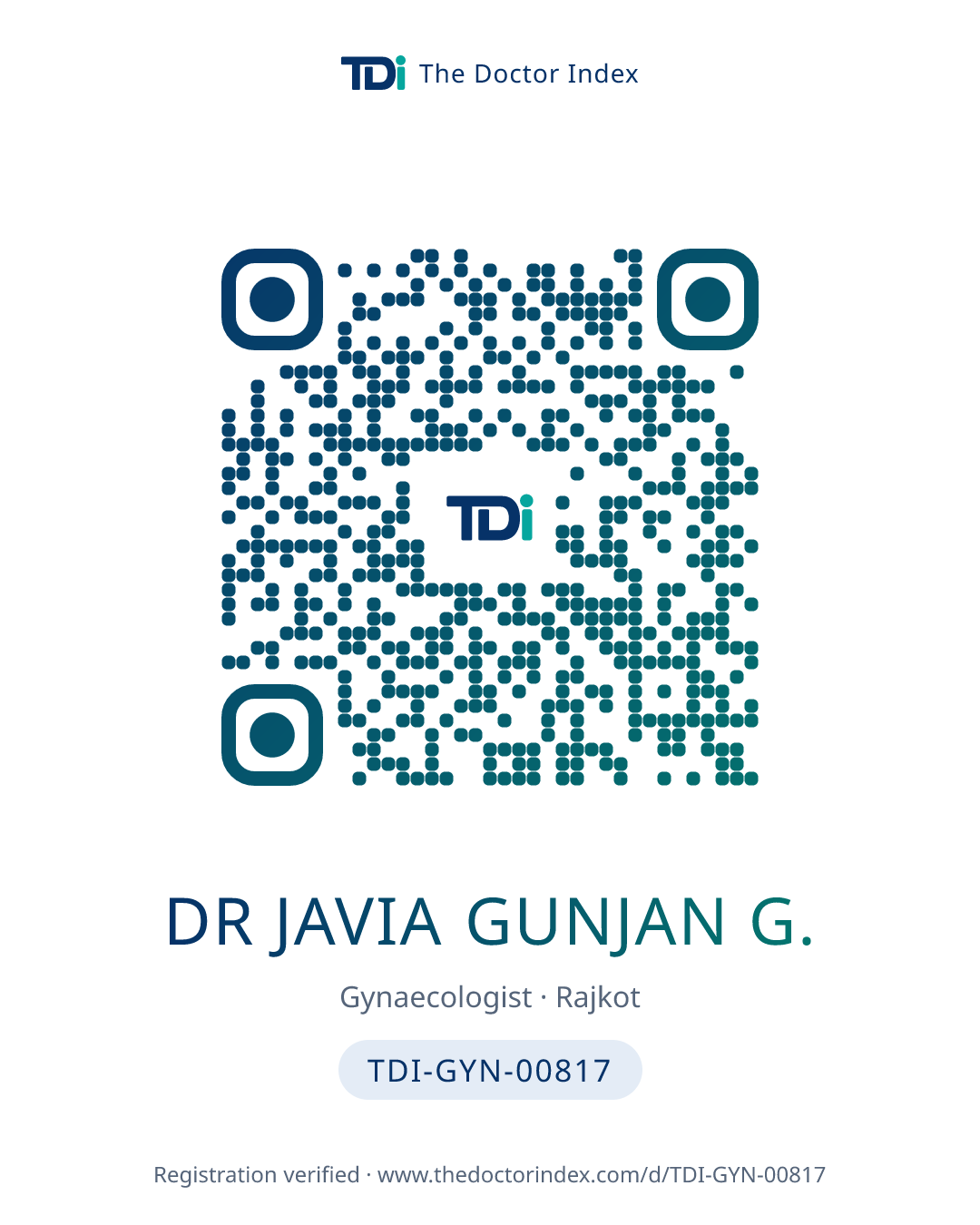 QR card for Dr Javia Gunjan G., TDI-GYN-00817