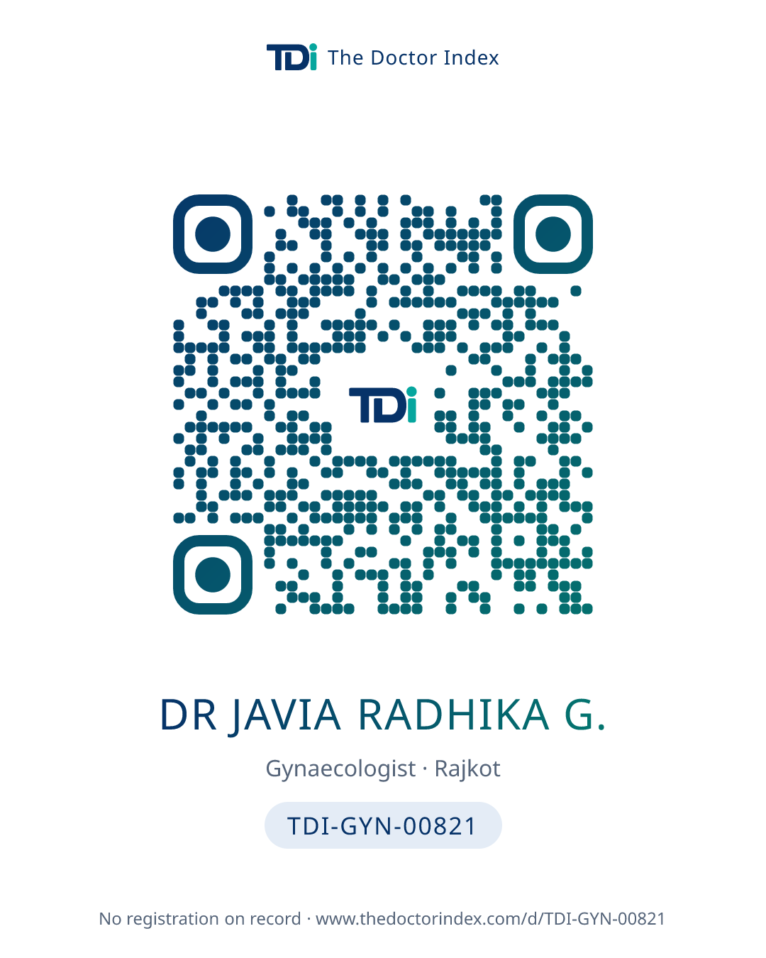 QR card for Dr Javia Radhika G., TDI-GYN-00821