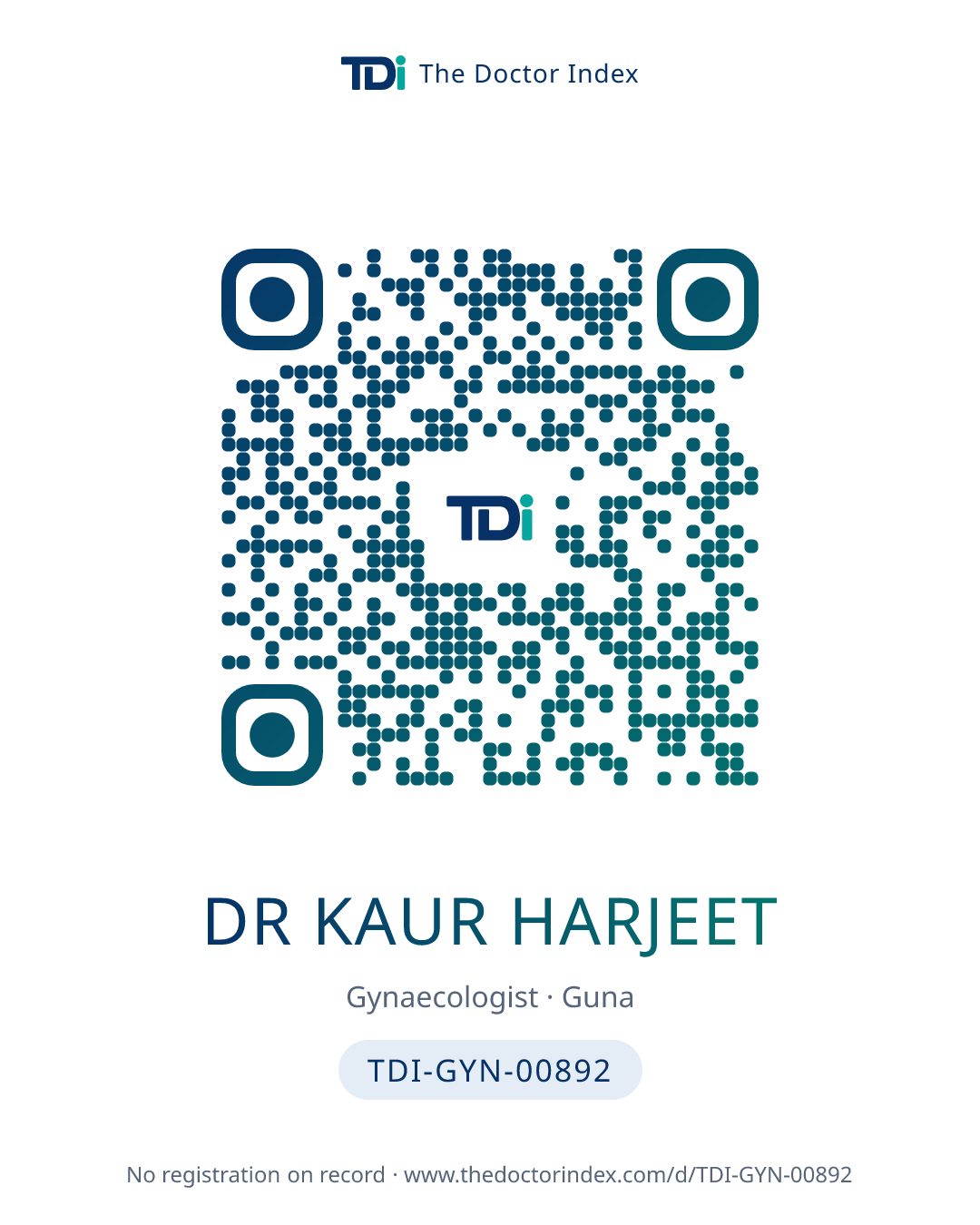 QR card for Dr Kaur Harjeet, TDI-GYN-00892