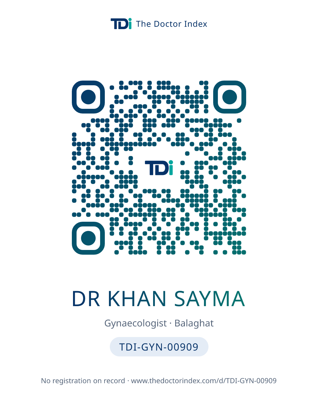 QR card for Dr Khan Sayma, TDI-GYN-00909