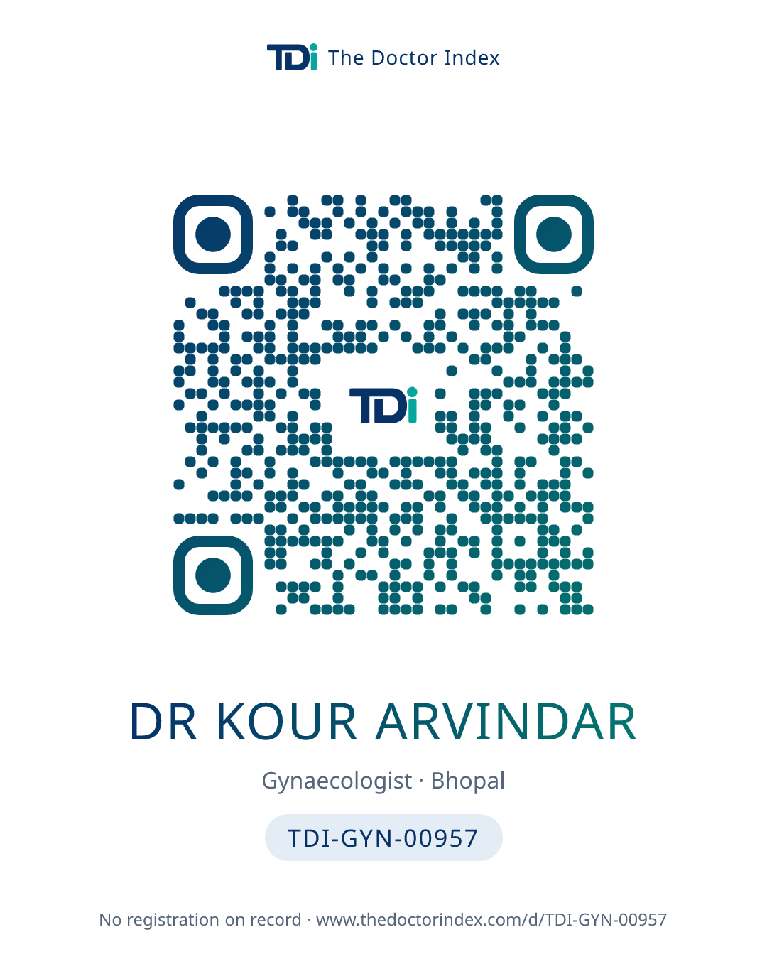 QR card for Dr Kour Arvindar, TDI-GYN-00957