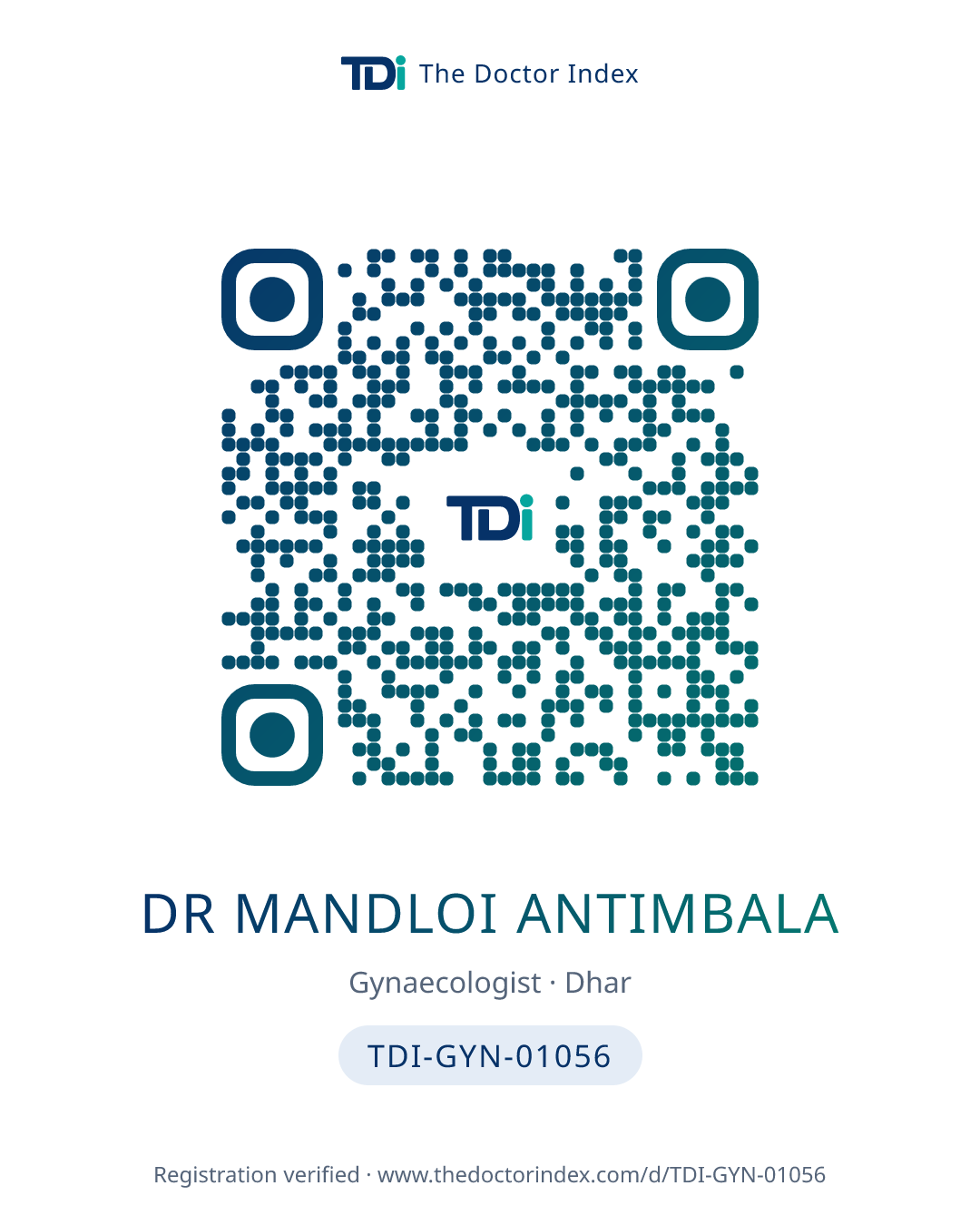 QR card for Dr Mandloi Antimbala, TDI-GYN-01056