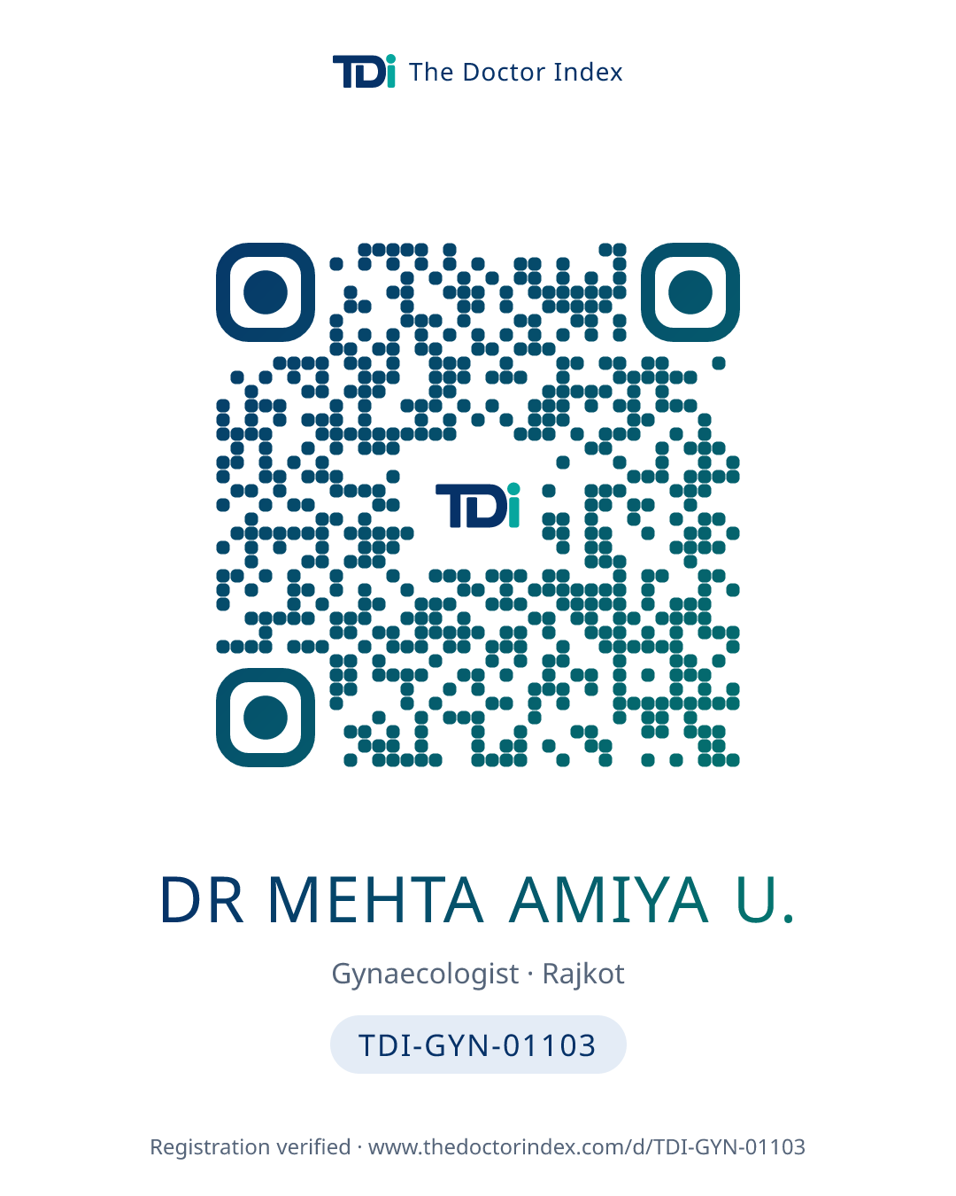 QR card for Dr Mehta Amiya U., TDI-GYN-01103