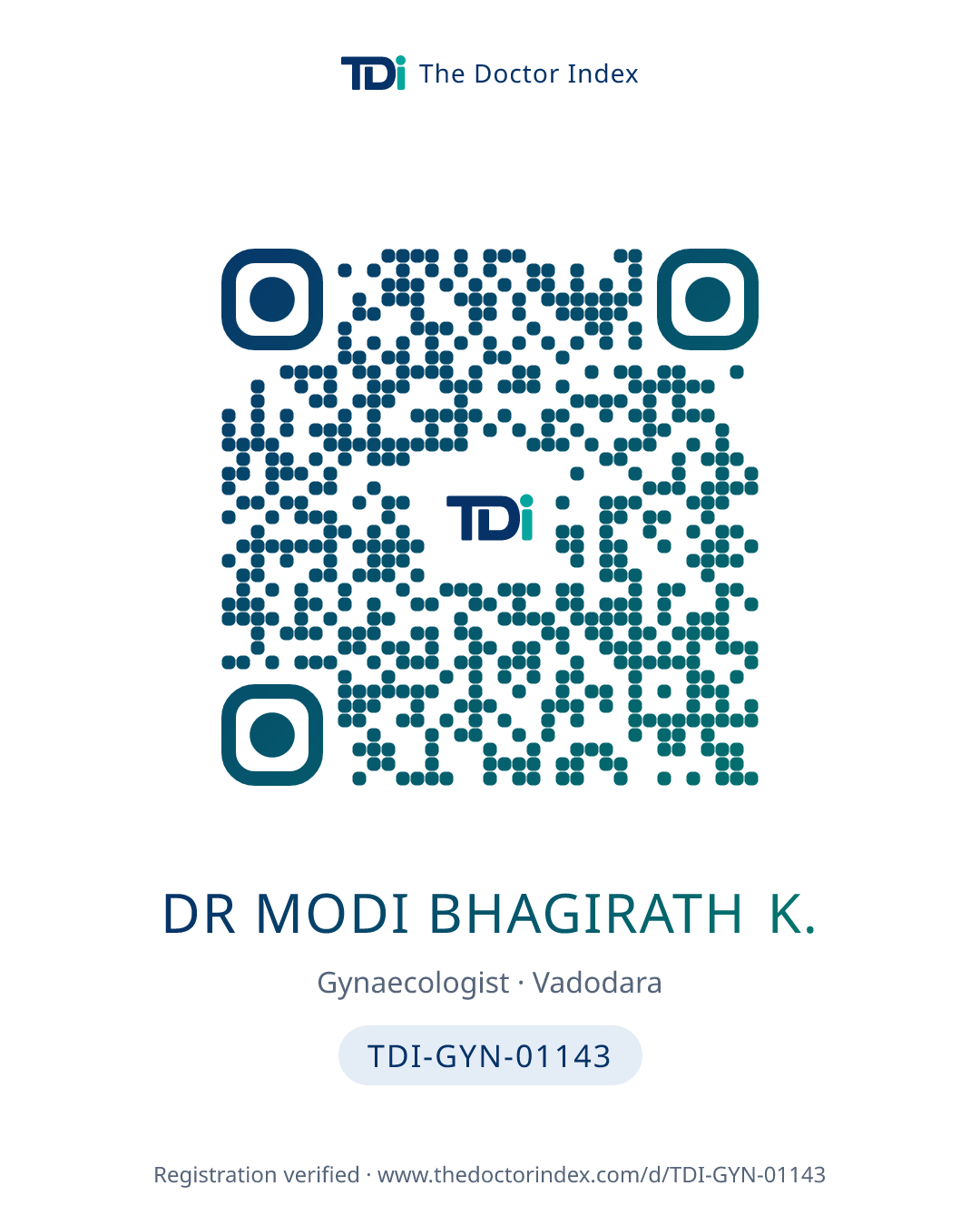 QR card for Dr Modi Bhagirath K., TDI-GYN-01143