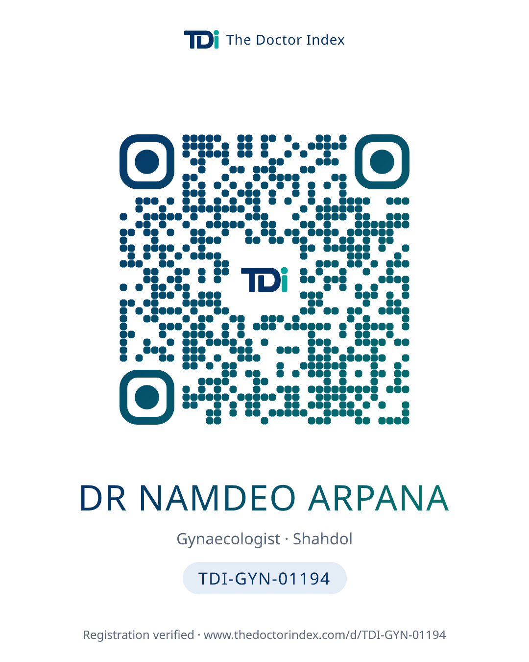 QR card for Dr Namdeo Arpana, TDI-GYN-01194